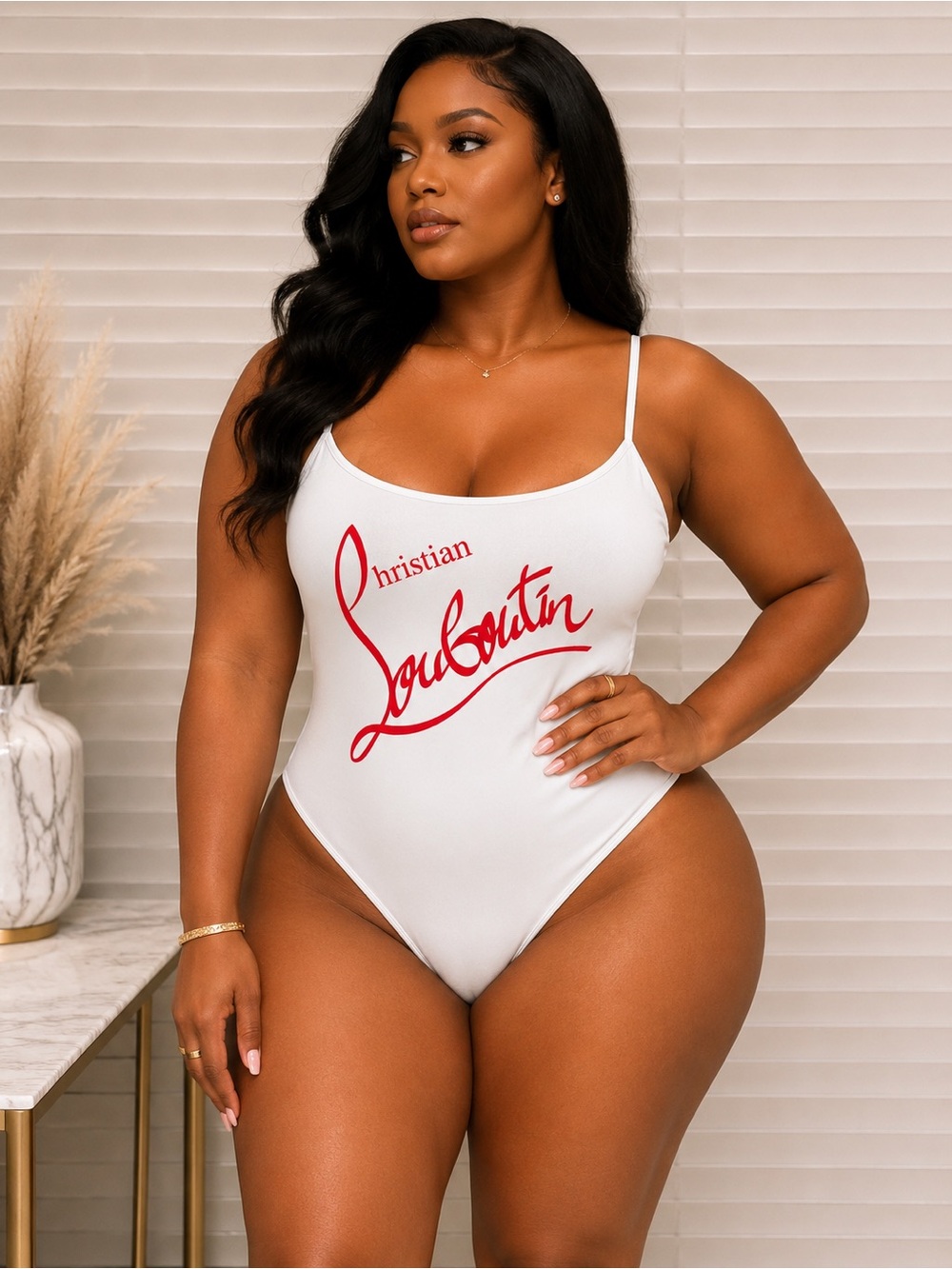 Plus Size White Bodysuit with Red Script